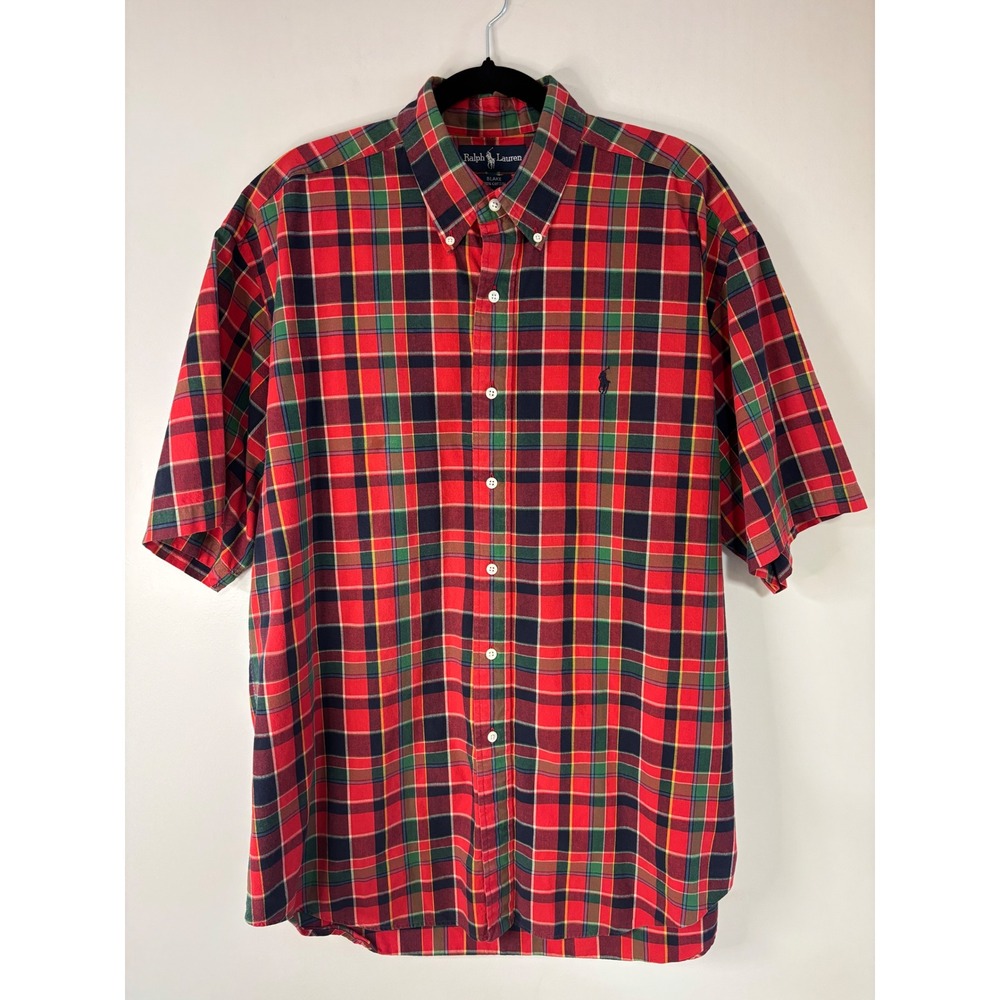 Ralph Lauren Blake Plaid Short Sleeve Button Down Shirt Men's‎ Size L Red Green
